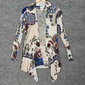 Desigual Womens Size Medium Cardigan Beige Floral Knit Metallic Open Front Drape